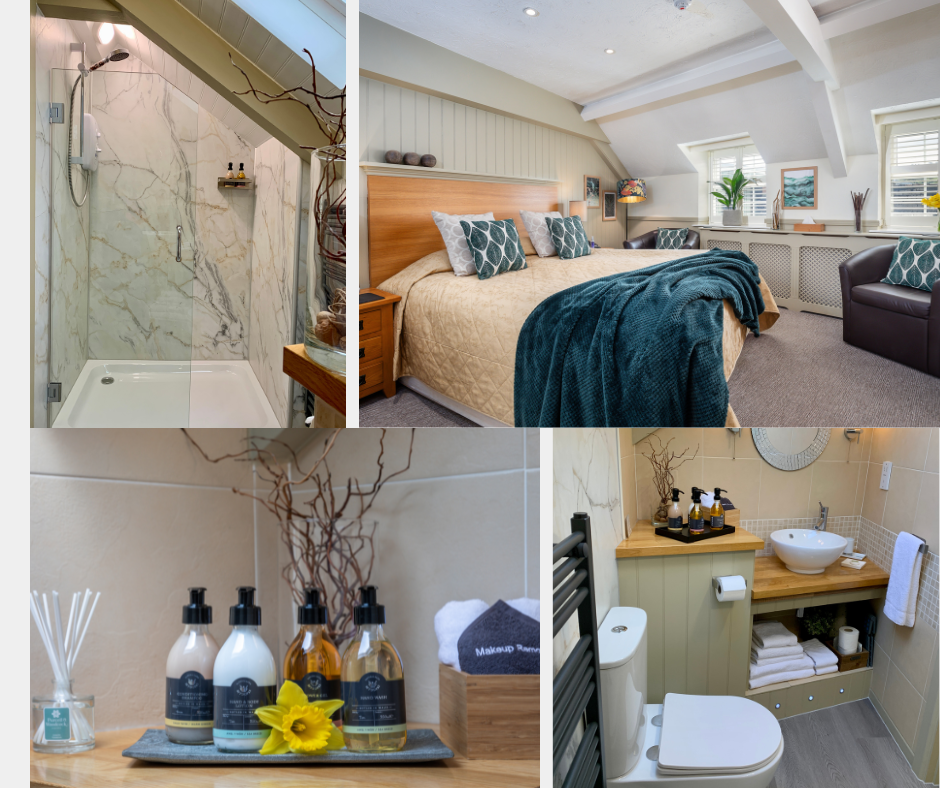 a collage of pictures from room 7 at The Coach House