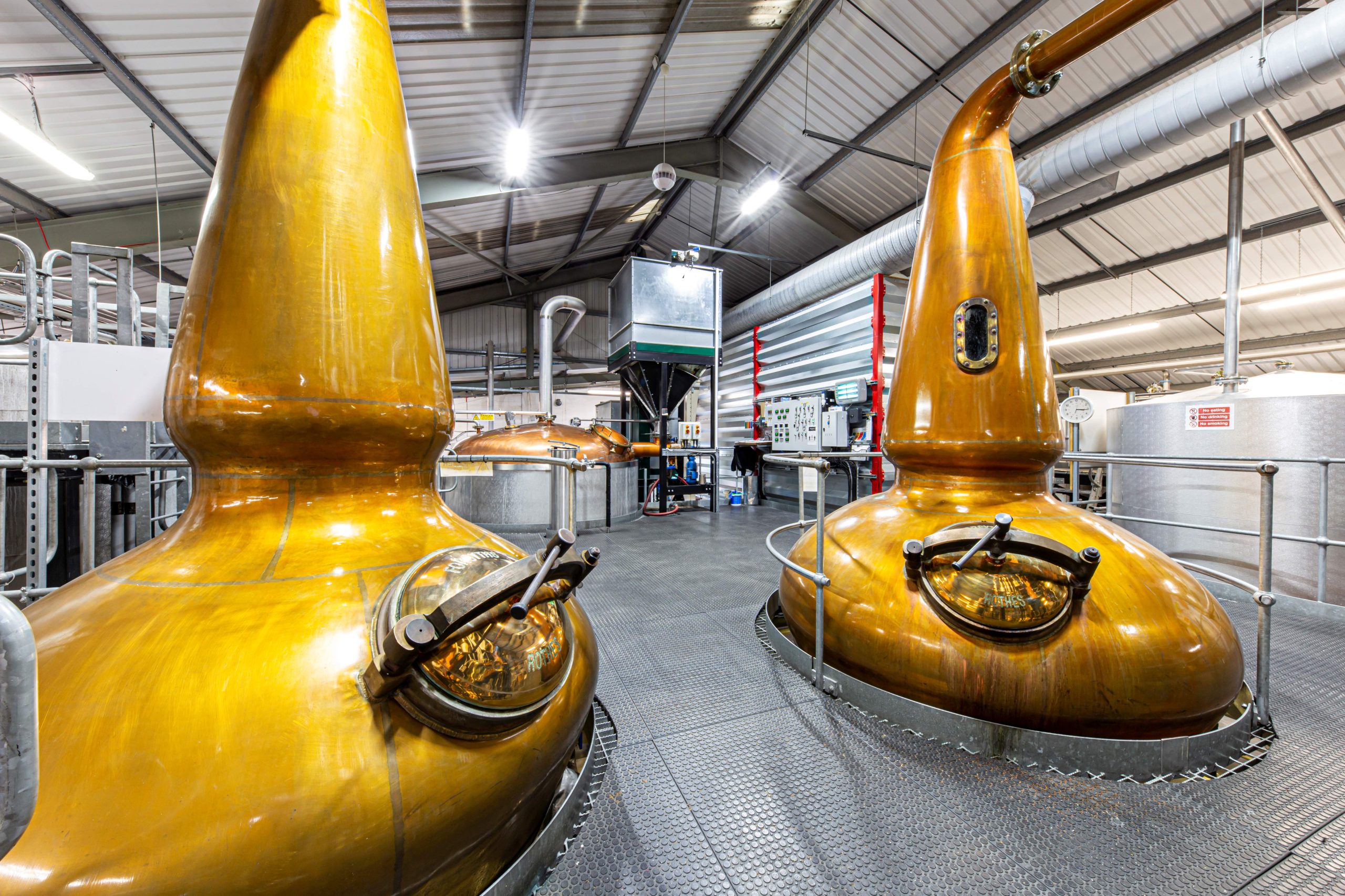 two copper Pot stills used in making Penderyn Whiskey