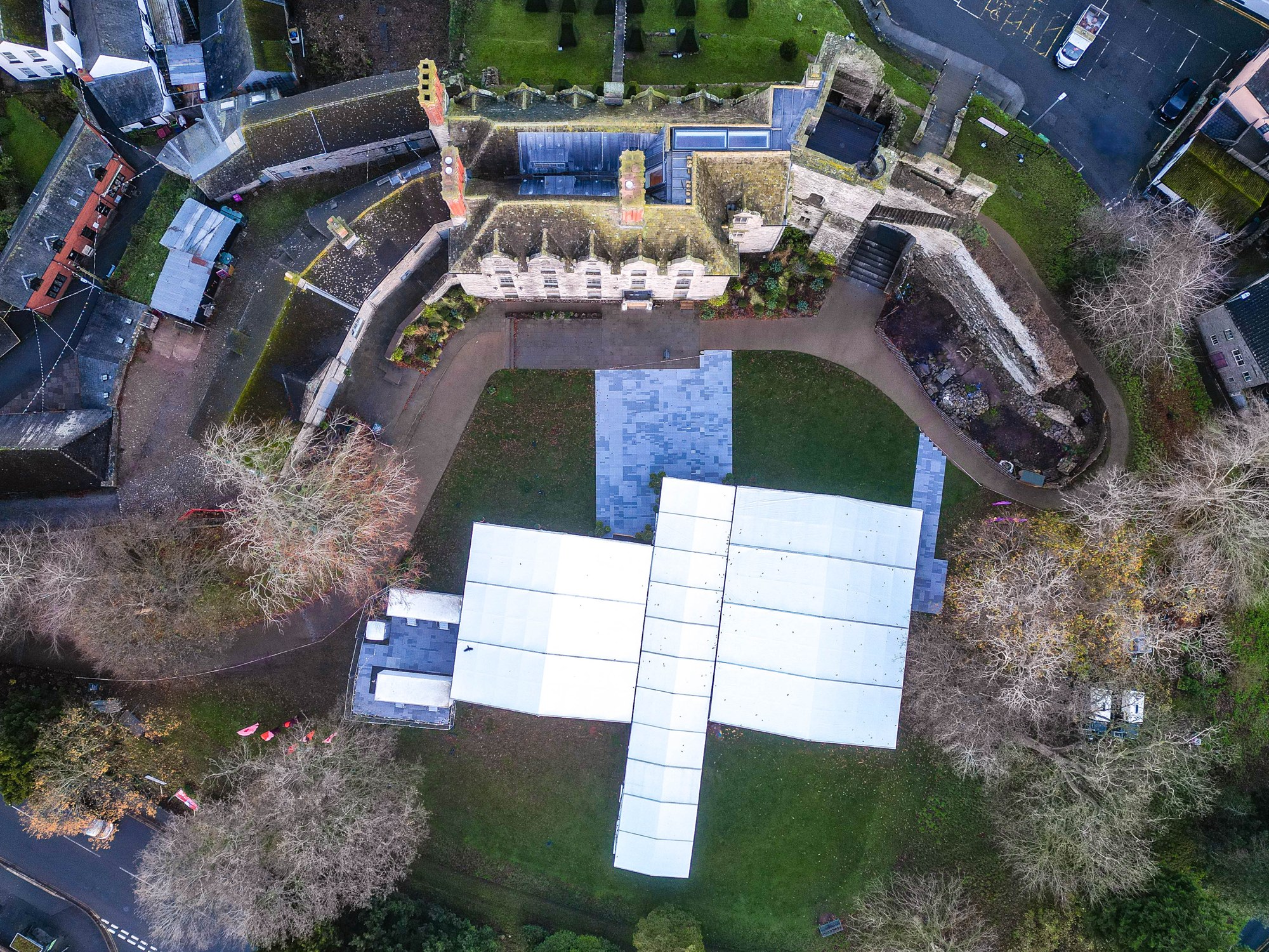 Aerial view of the Winter Weekend marquee in the grounds of Hay Castle