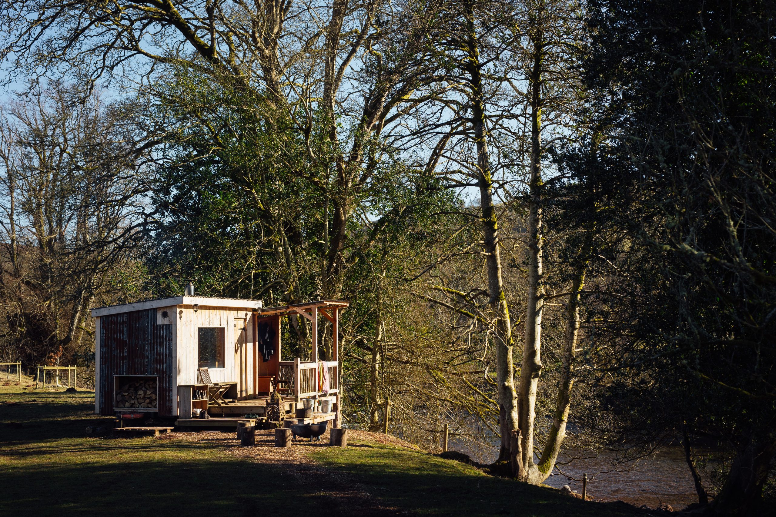 the wood firedc sauna on teh beach by the river. easy access to the usk for the cold dip afterwards