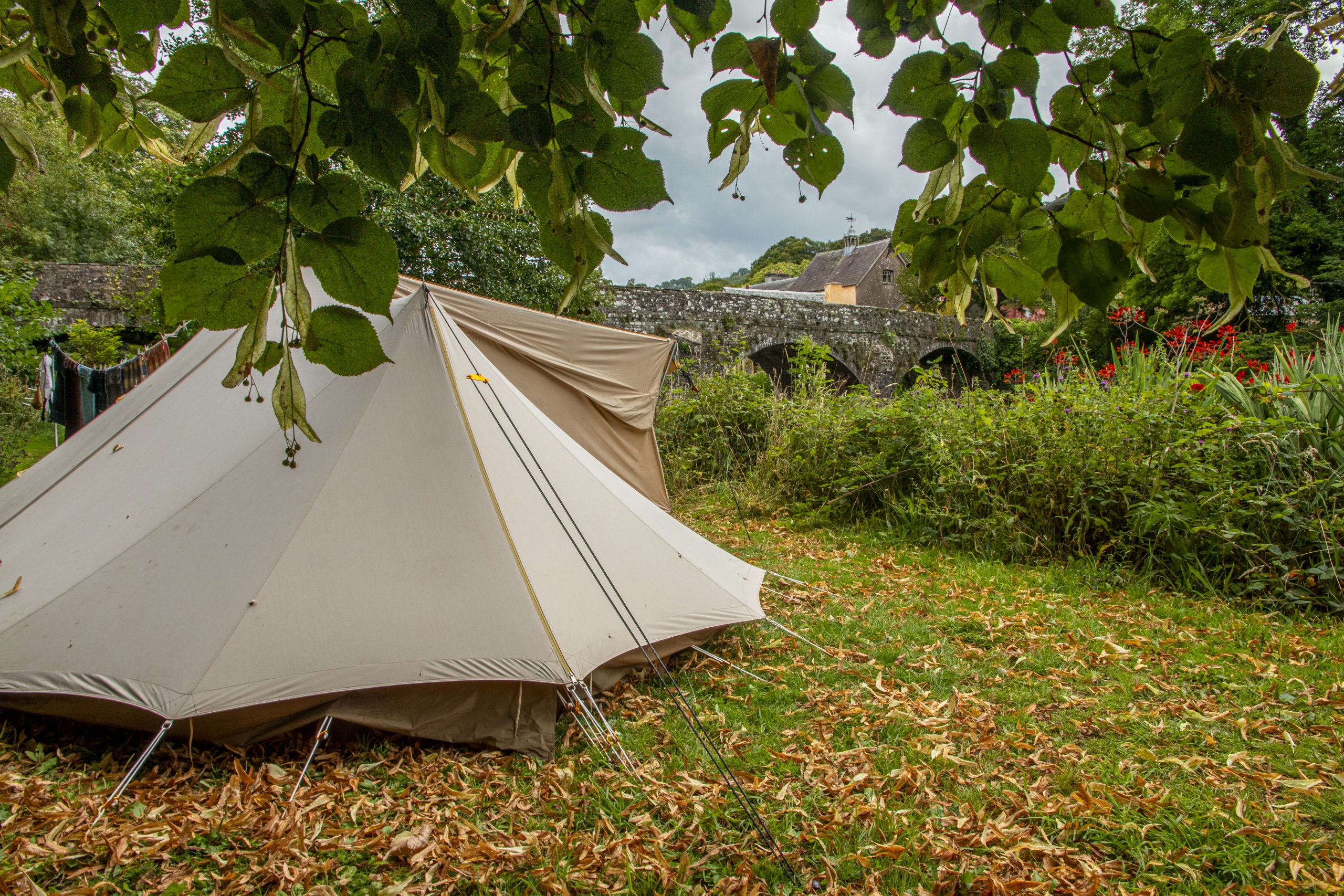 a canvas tent set up under trees by the river in late summer