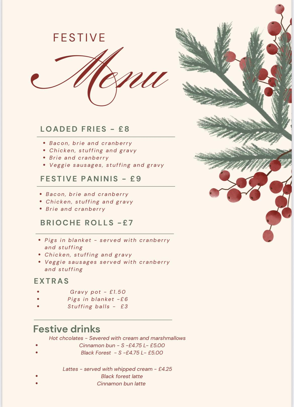 Festive Menu Craig Y Nos Cafe