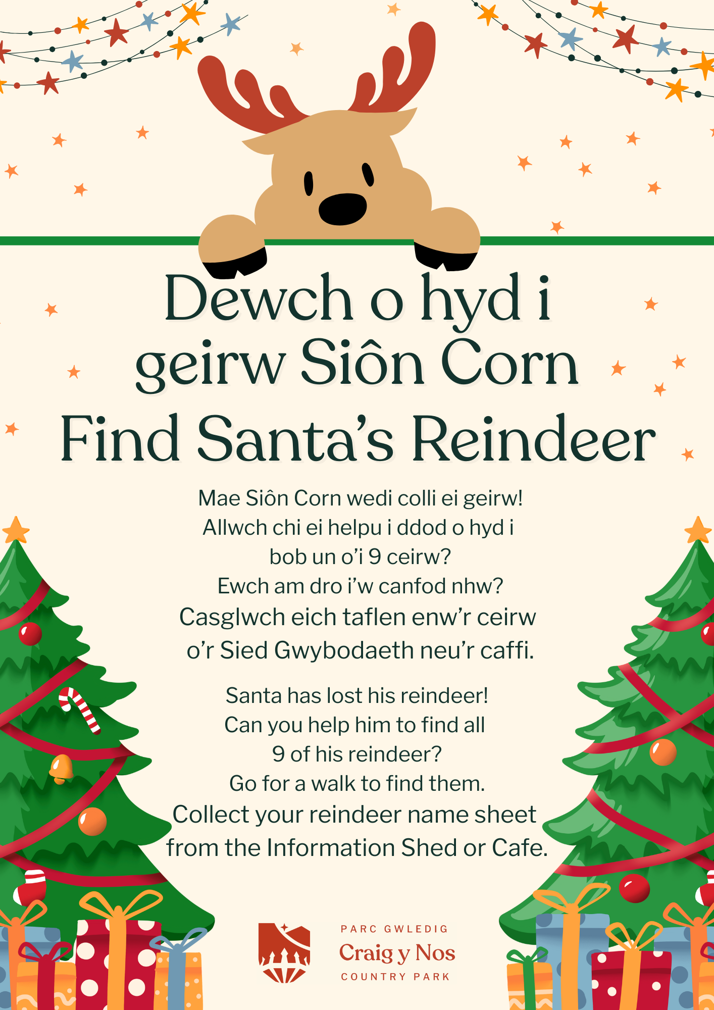 Find Santa’s Reindeer trail bilingual poster.