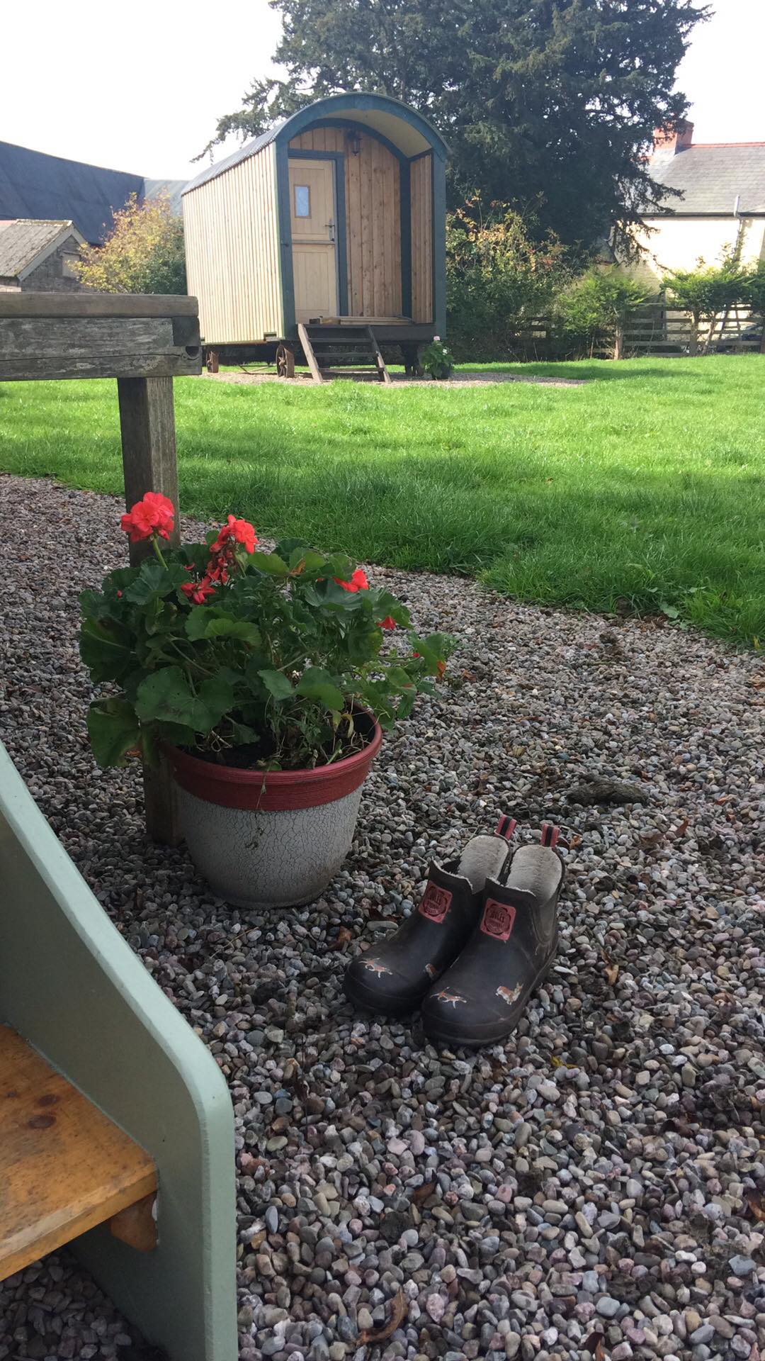 Traditional shepherd’s huts on a working farm in Bannau Brycheiniog.