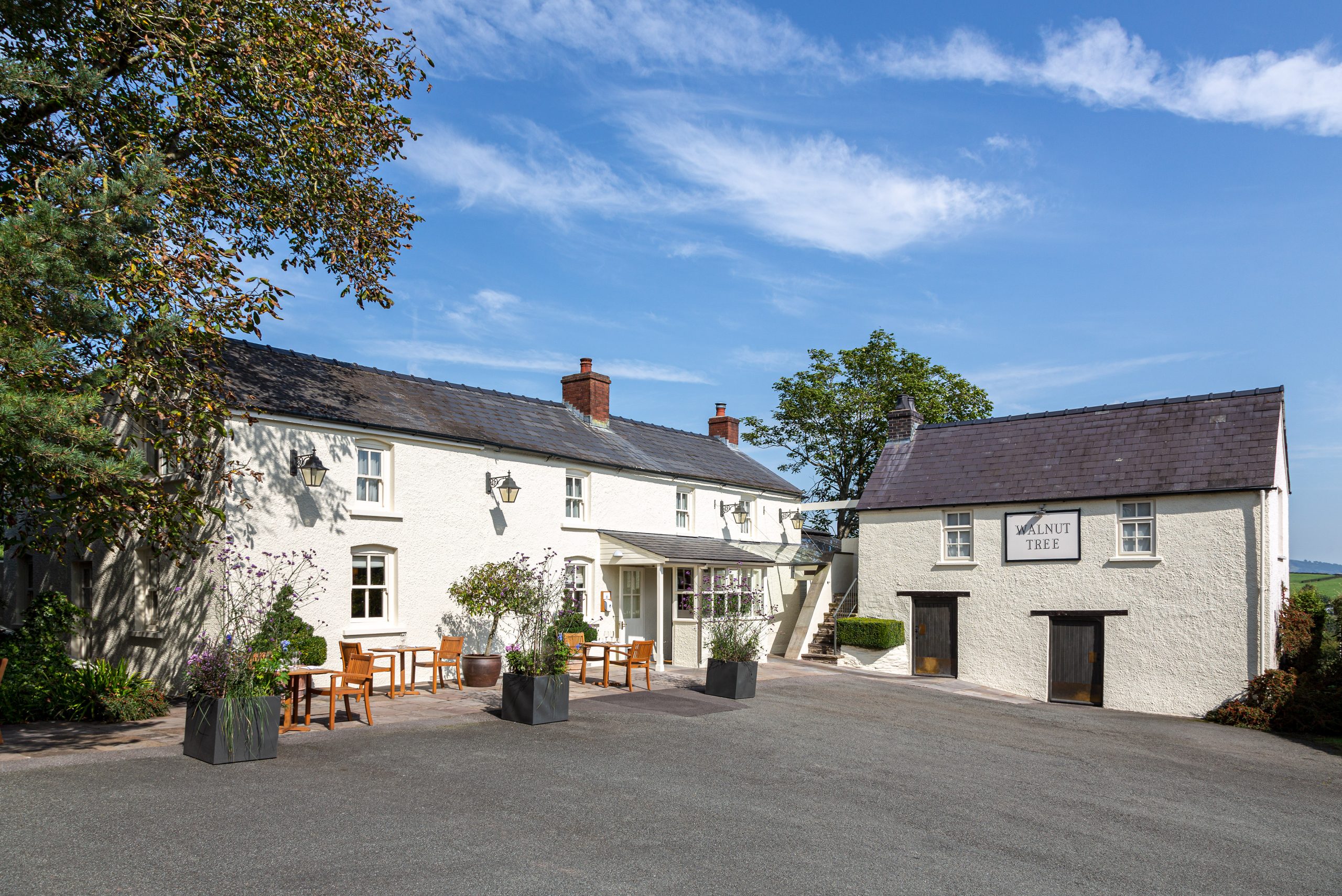 The Walnut Tree restaurant exterior near Abergavenny in Bannau Brycheiniog
