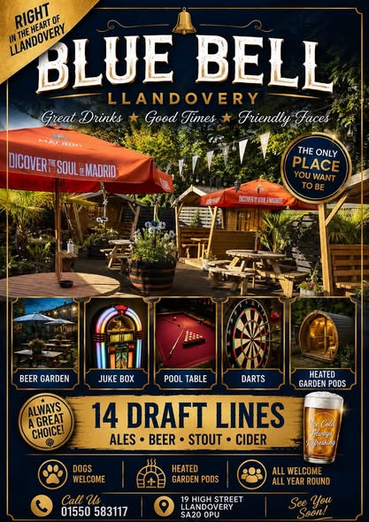 The Blue Bell Llandovery beer garden, draught drinks, games and heated pods