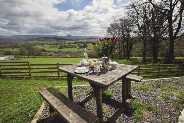 Bwrdd picnic gyda chwpanau, platiau a blodau yn edrych dros gaeau gwyrdd a bryniau pell yn Seren Mawr.