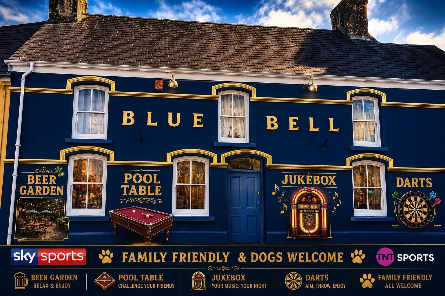 The Blue Bell pub exterior in Llandovery, showing the beer garden, pool table, jukebox and darts